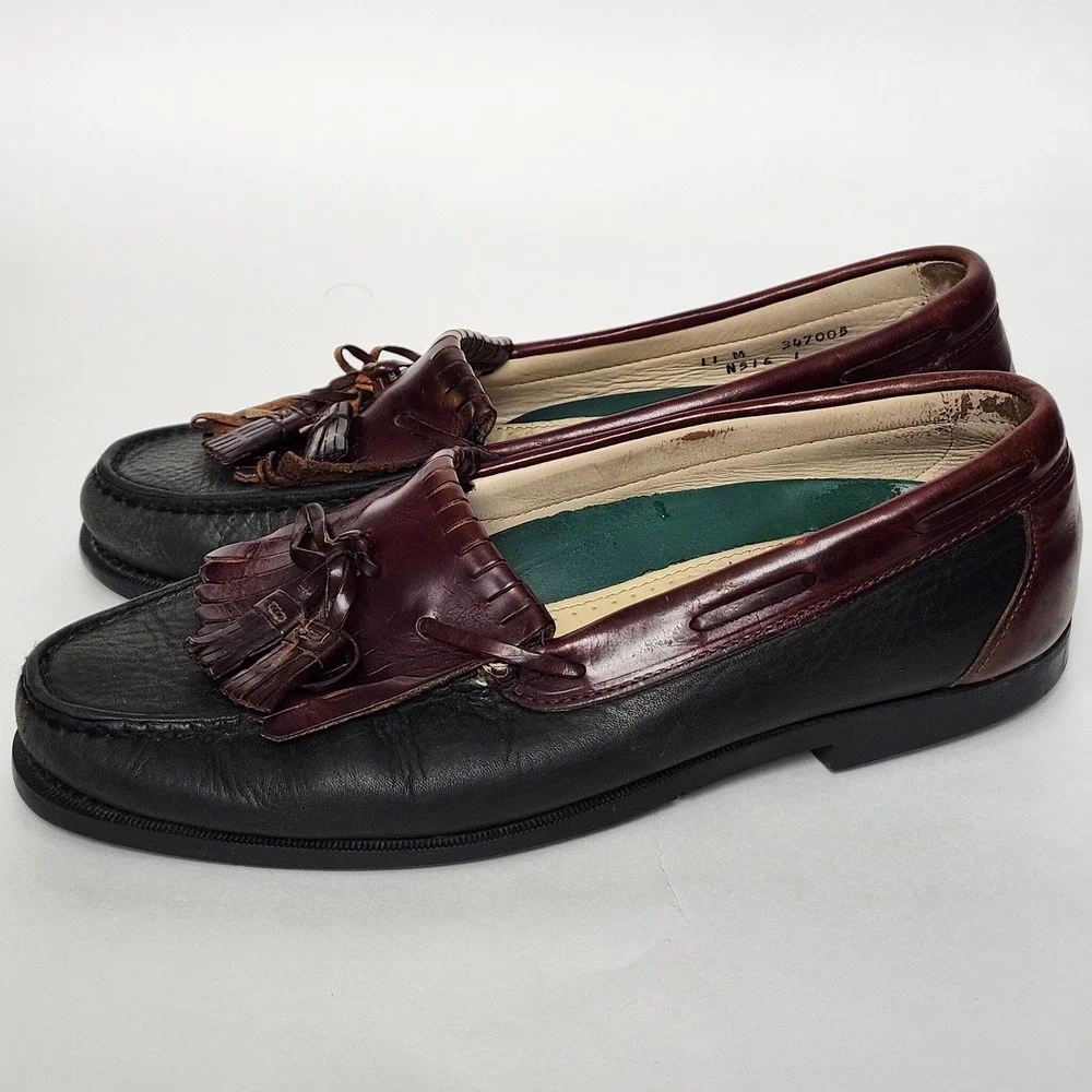 Vintage Dexter Two Tone Kiltie Tassel Loafers Oxblood Green Leather USA 11M